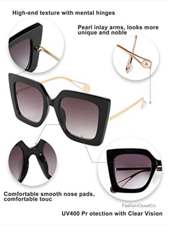 Oversized Square Cat Eye Sunglasses with Pearl Inlay Arms UV400 Protection main image 2